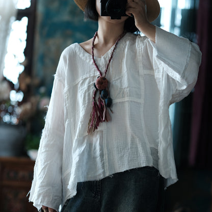 Vintage Patchwork V-Neck Blouse