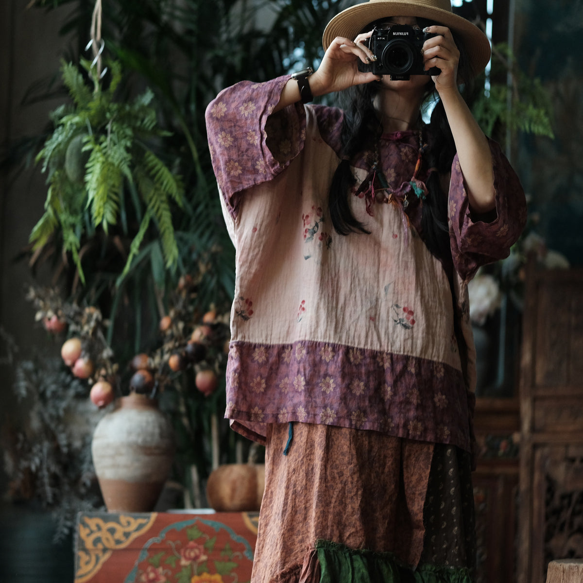 Wild Peony Cotton Batwing Blouse