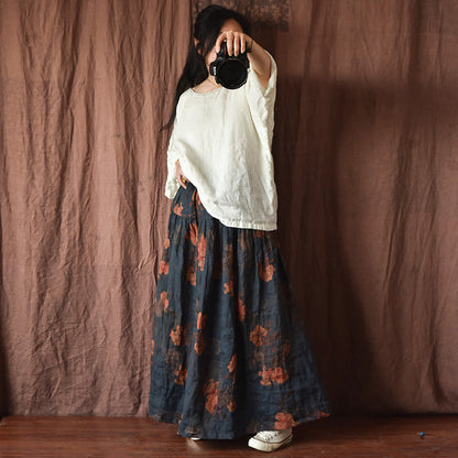 Vintage Bloom Maxi Skirt in Brown — front view, elastic waist floral linen