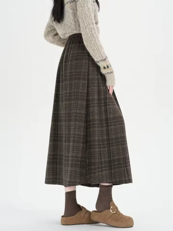 Retro Check Midi Skirt – Plaid, Pleated, Elastic Waist