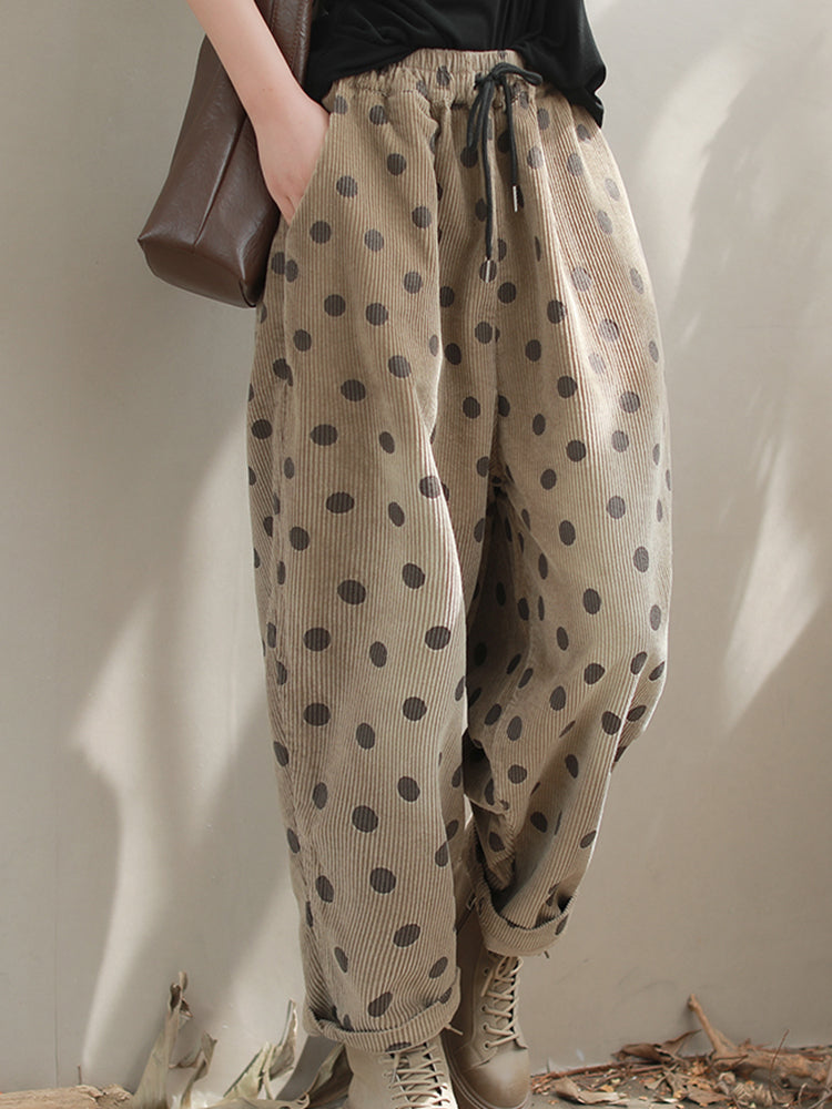 Dot Cozy Corduroy Pants – Polka Dot, Elastic Waist, Ankle Length