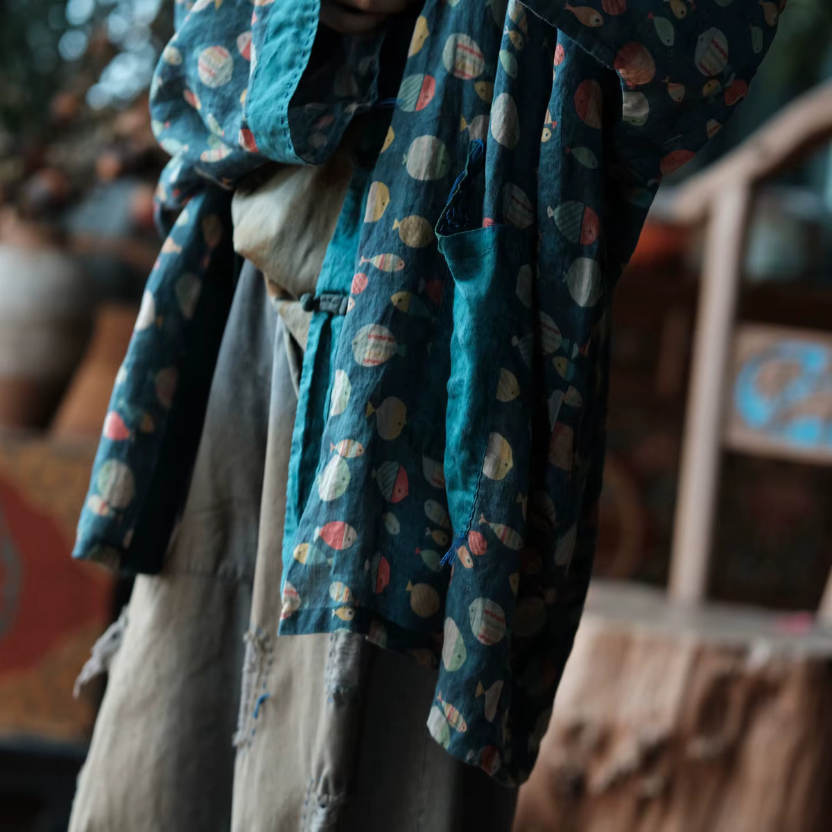 Indigo Fish Print Ramie Kimono