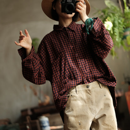 Vintage Plaid Linen Shirt - Oversized Boho Style