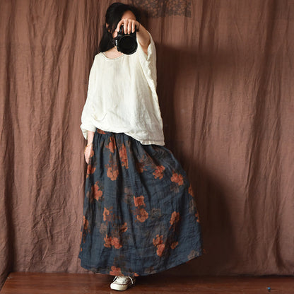 Vintage Bloom Maxi Skirt in Navy — front view, 100% linen | COANDMI Studio