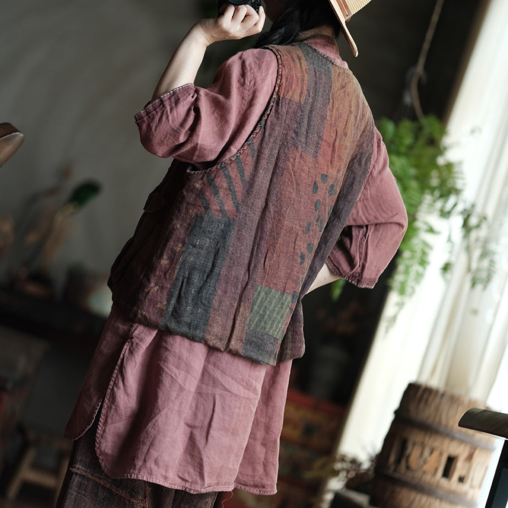 Gilet bohème en lin à poches