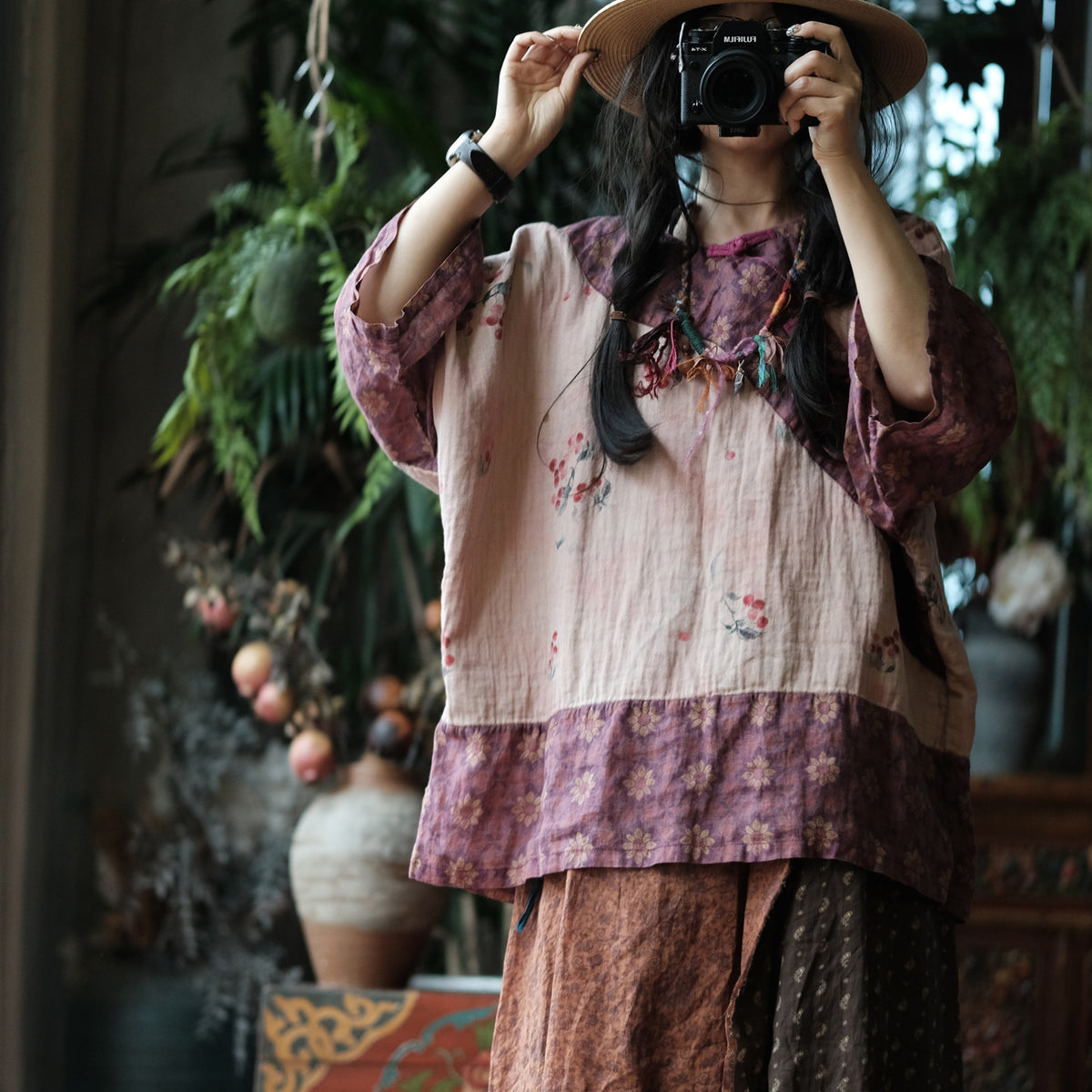Wild Peony Cotton Batwing Blouse