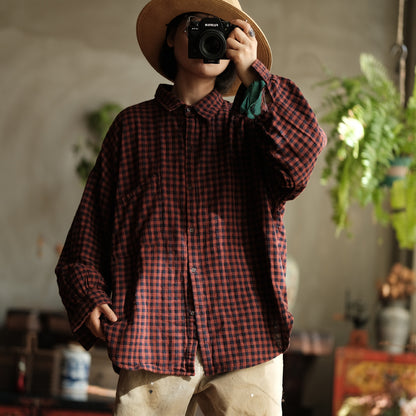 Vintage Plaid Linen Shirt - Oversized Boho Style