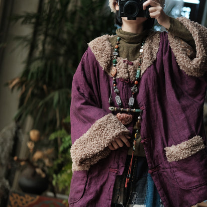 Vintage Padded Cotton Linen Jacket – Faux Fur Trim, Oversized Buttoned Coat