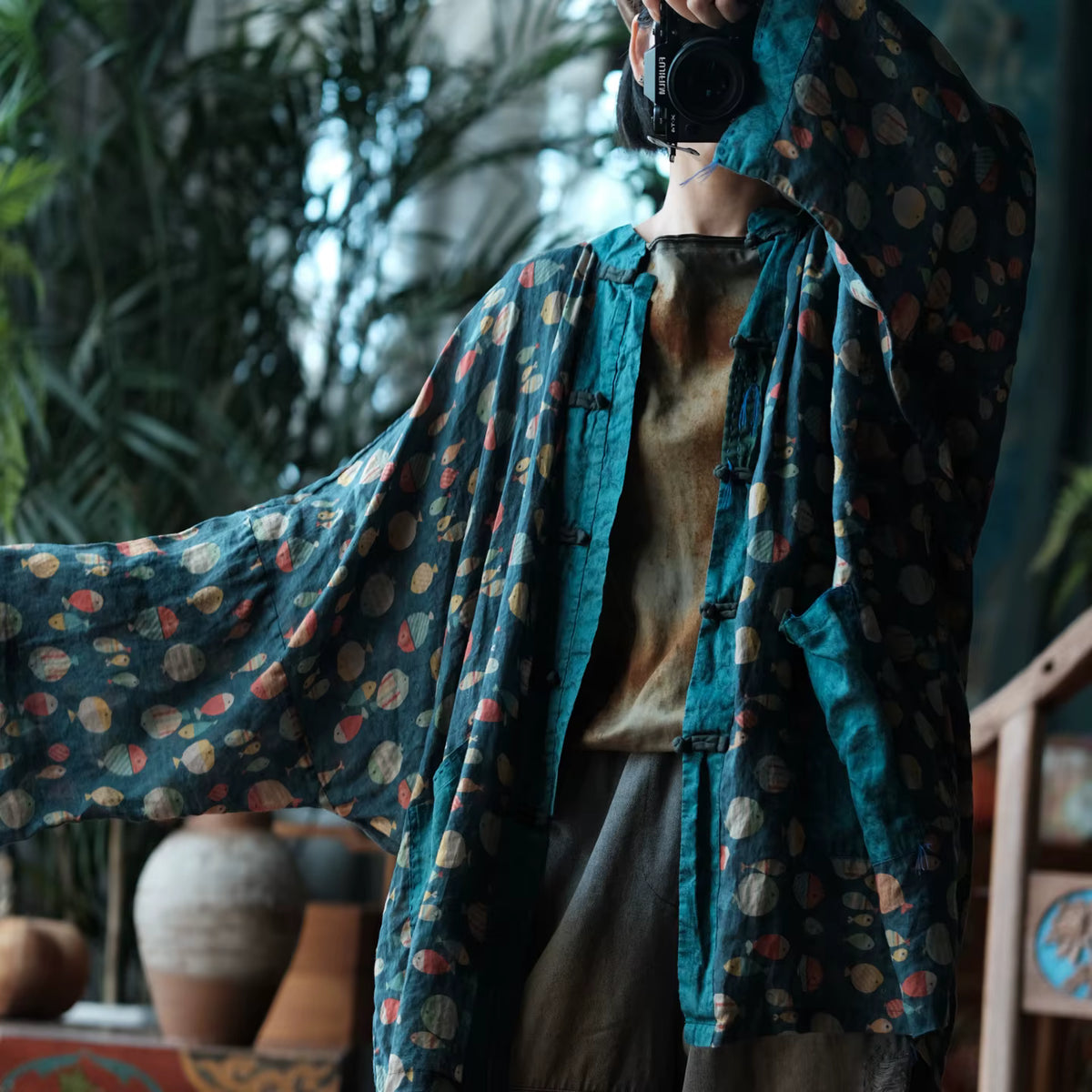 Indigo Fish Print Ramie Kimono