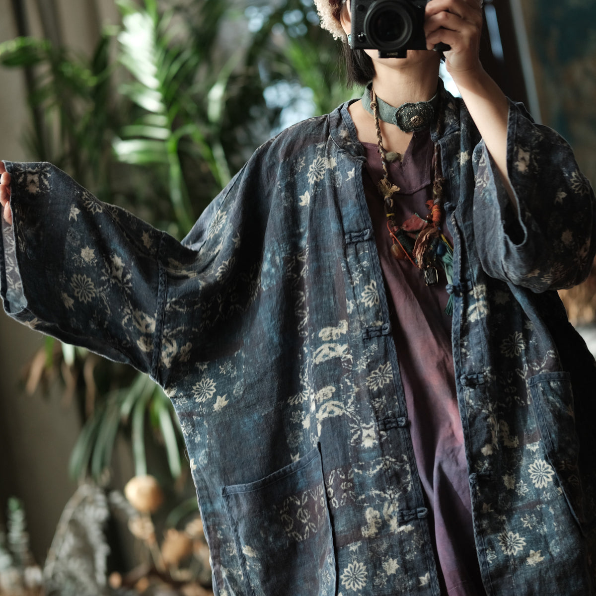 Indigo Garden Linen Kimono Jacket