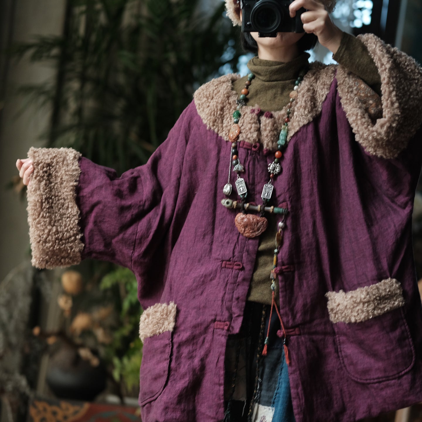 Vintage Padded Cotton Linen Jacket – Faux Fur Trim, Oversized Buttoned Coat