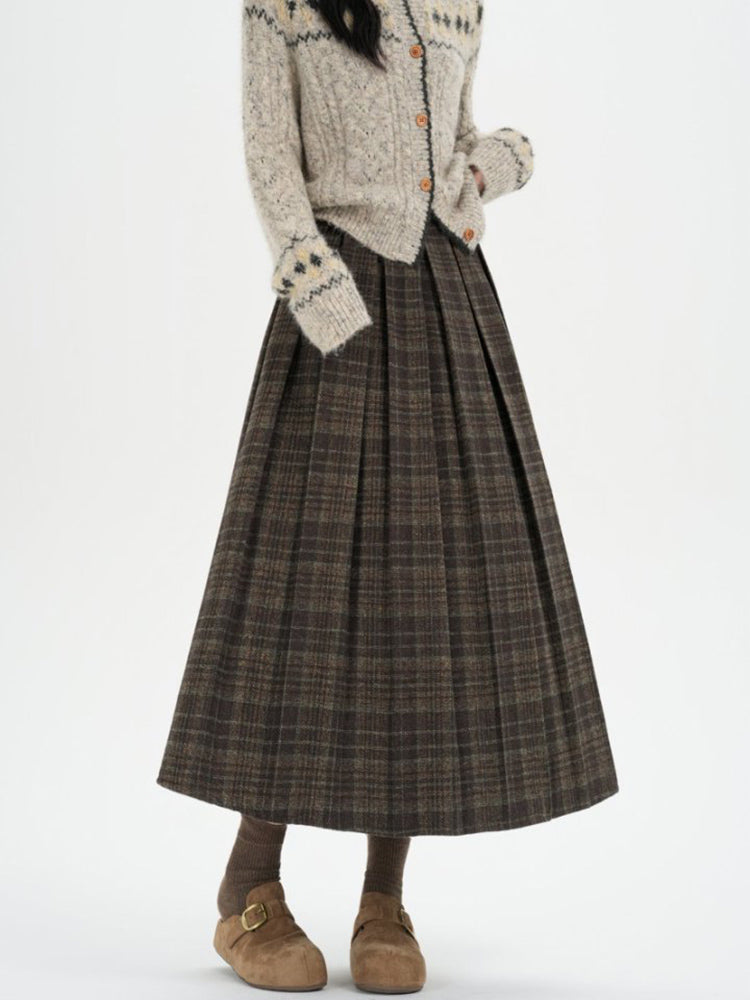 Retro Check Midi Skirt – Plaid, Pleated, Elastic Waist