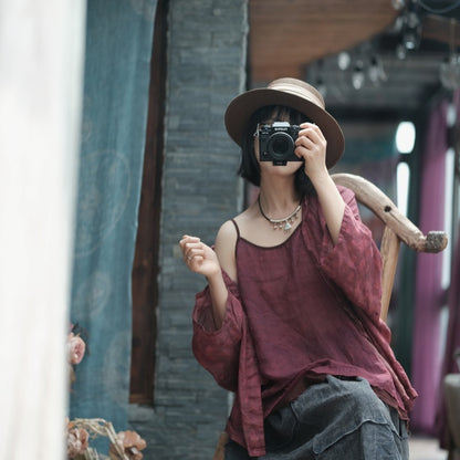 Vintage Bloom Strappy Linen Blouse