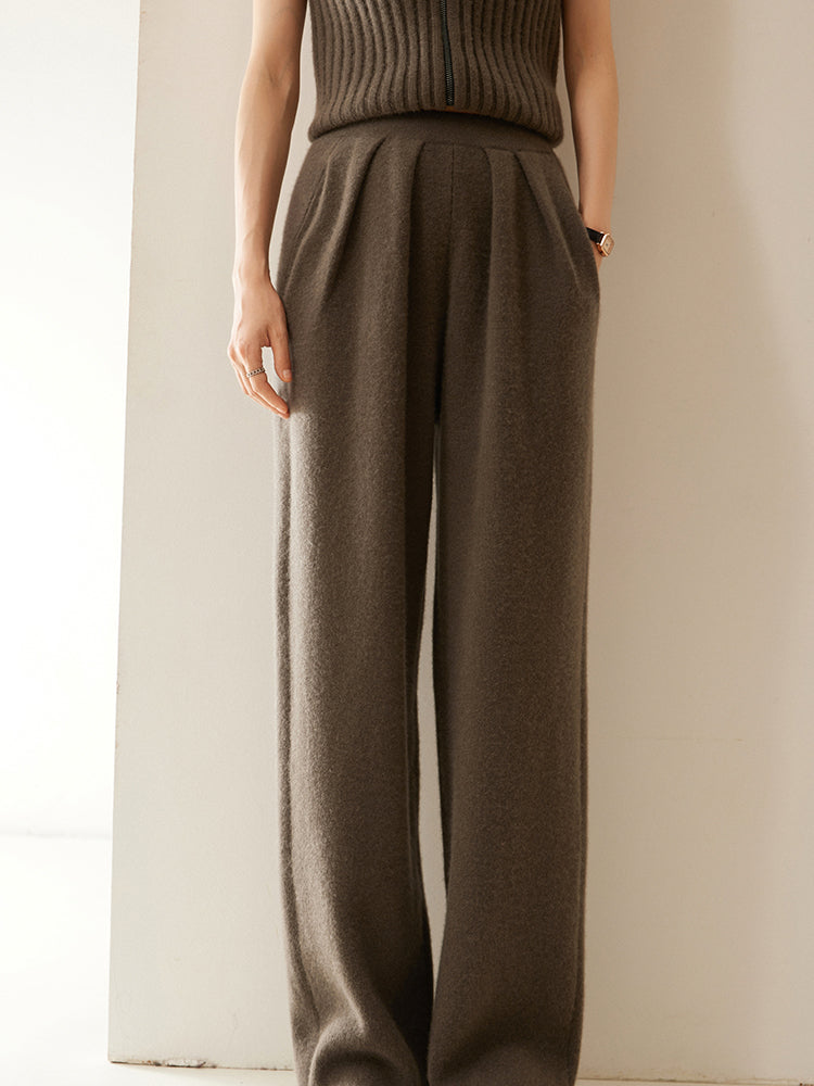 Cashmere Wool Wide-Leg Pile Detail Trousers