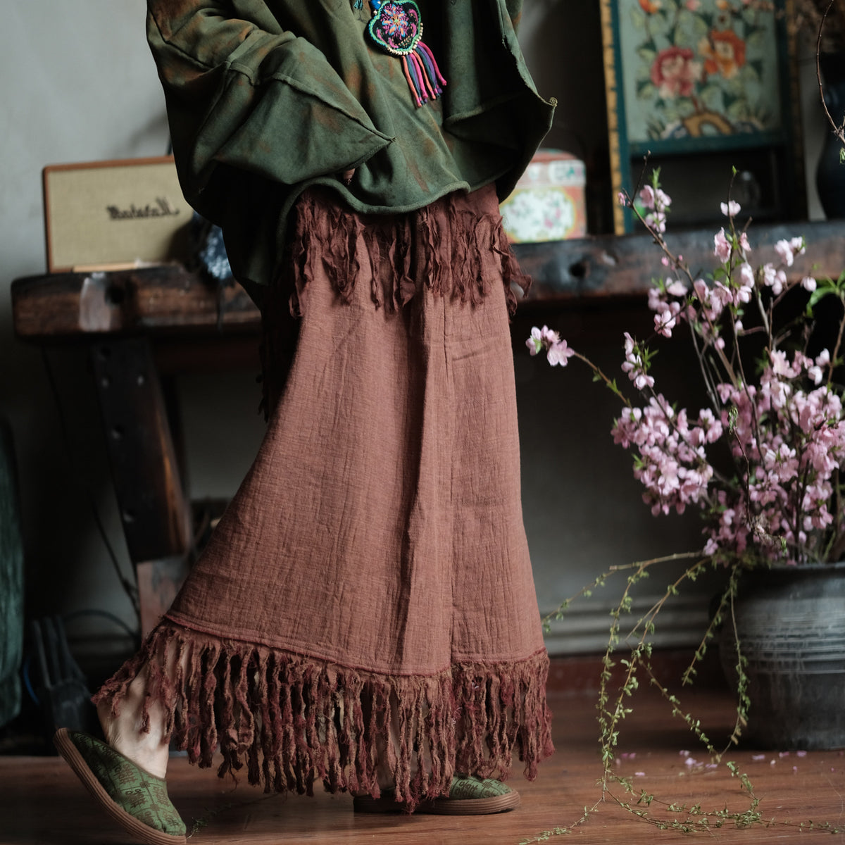 Terracotta Nomad Fringe Cotton-Linen Midi Skirt