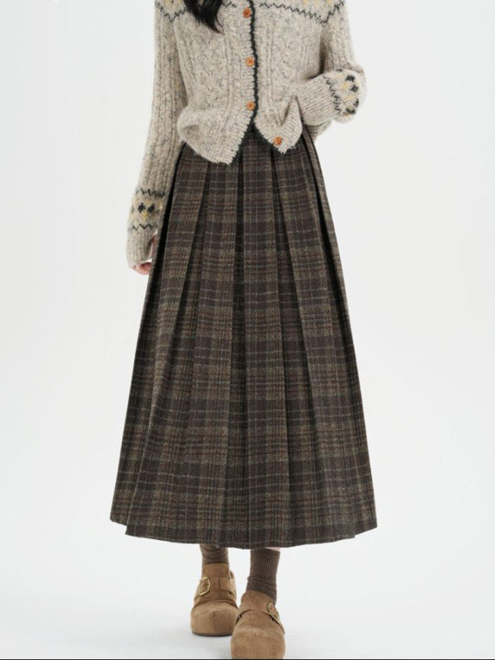 Retro Check Midi Skirt – Plaid, Pleated, Elastic Waist