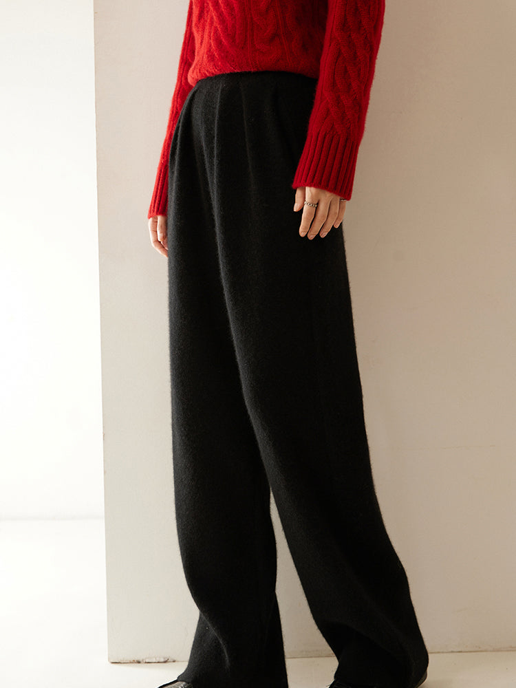 Cashmere Wool Wide-Leg Pile Detail Trousers