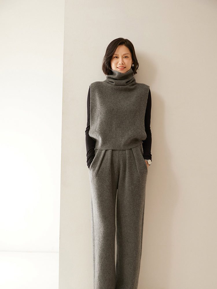 Cashmere Wool Wide-Leg Pile Detail Trousers