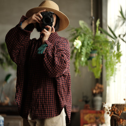 Vintage Plaid Linen Shirt - Oversized Boho Style