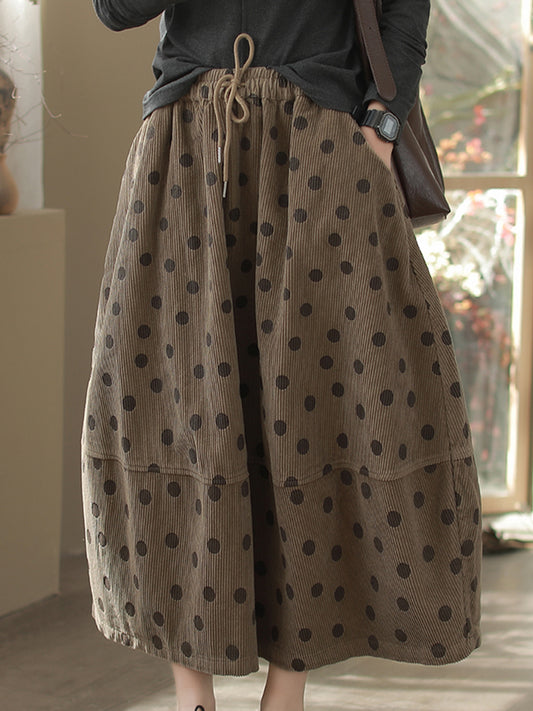 Vintage Polka Dot Corduroy Maxi Skirt for Women – Elastic Waist, Winter Casual Loose Fit Long Skirt with Pockets