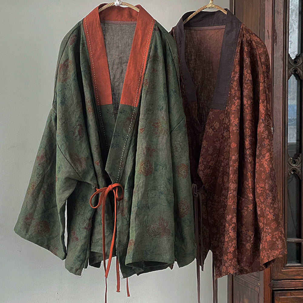 Vintage Bloom Linen Kimono Jacket – Patchwork Wrap Cardigan