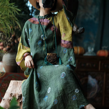 Verdant Mosaic Patchwork Ramie Dress