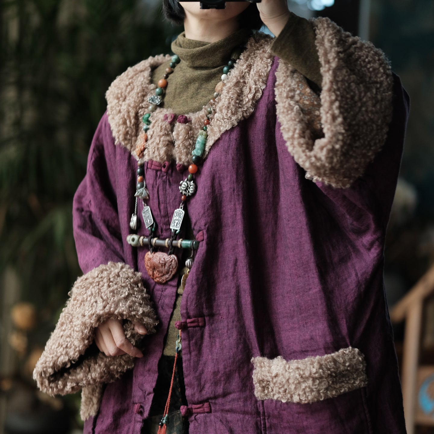 Vintage Padded Cotton Linen Jacket – Faux Fur Trim, Oversized Buttoned Coat