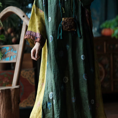 Verdant Mosaic Patchwork Ramie Dress