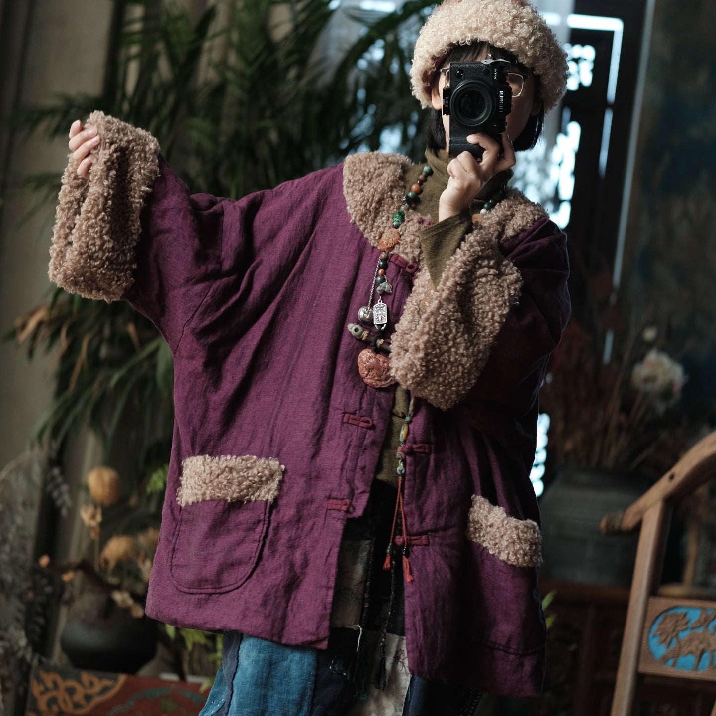 Vintage Padded Cotton Linen Jacket – Faux Fur Trim, Oversized Buttoned Coat