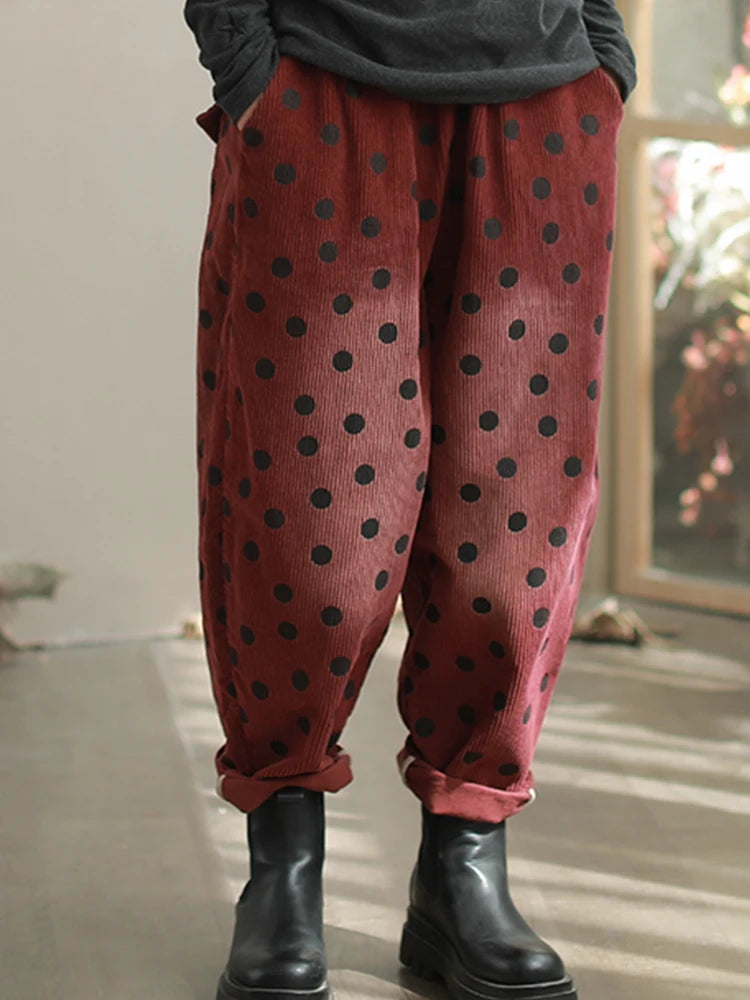 Dot Cozy Corduroy Pants – Polka Dot, Elastic Waist, Ankle Length