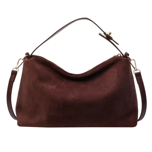 Vintage Suede Shoulder Bag for Women – Soft Matte Cowhide Leather Large Boston Tote | Autumn Winter Collection