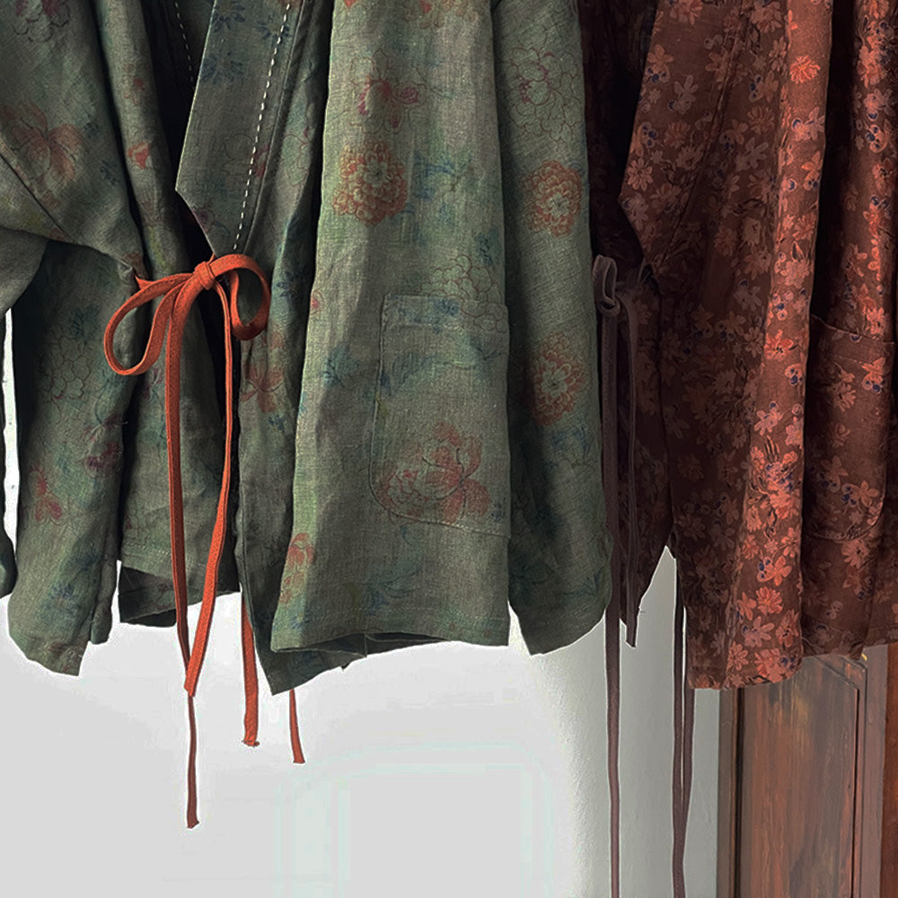 Vintage Bloom Linen Kimono Jacket – Patchwork Wrap Cardigan
