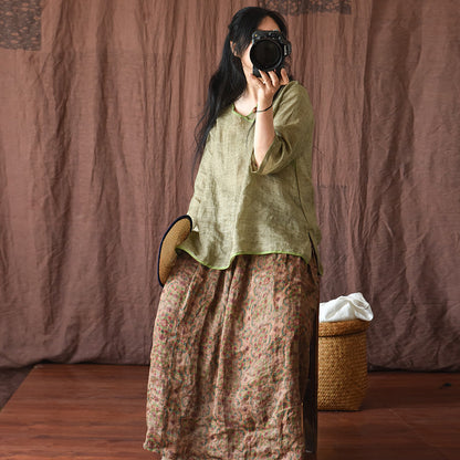 Vintage Bloom Floral Linen Skirt — model wearing with simple linen top