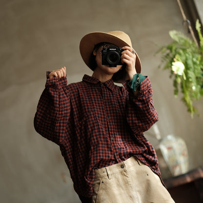 Vintage Plaid Linen Shirt - Oversized Boho Style