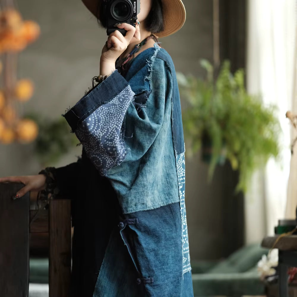 Vintage Blue Garden Patchwork Cotton Dress