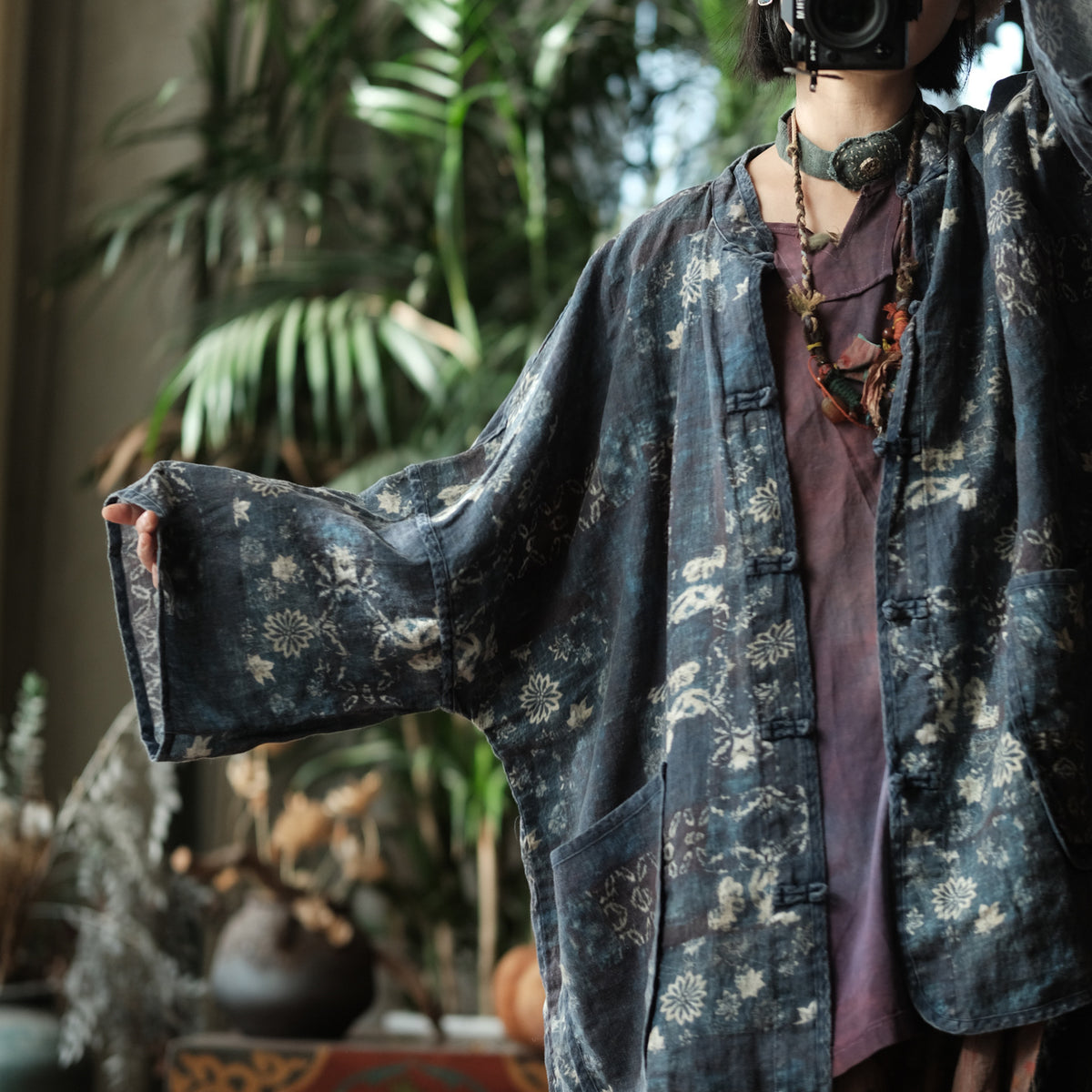 Indigo Garden Linen Kimono Jacket
