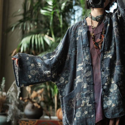 Indigo Garden Linen Kimono Jacket