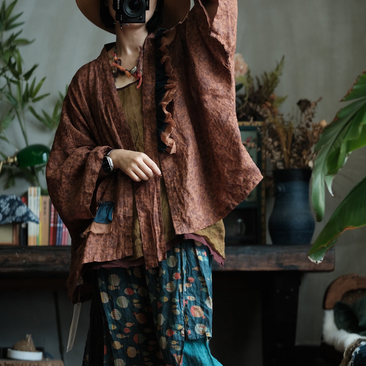 Vintage Fish Print Ramie Wide Leg Pants