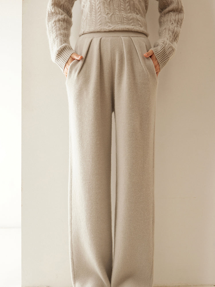 Cashmere Wool Wide-Leg Pile Detail Trousers