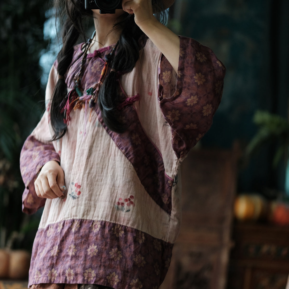 Wild Peony Cotton Batwing Blouse