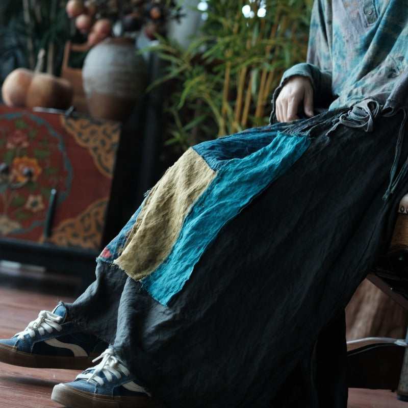 Indigo Fish Print Ramie Maxi Skirt