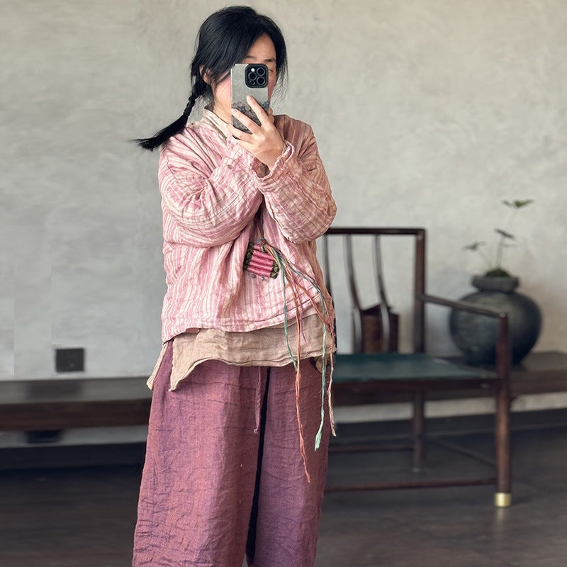 Vintage Striped Linen-Blend Blouse | Relaxed V-Neck Top