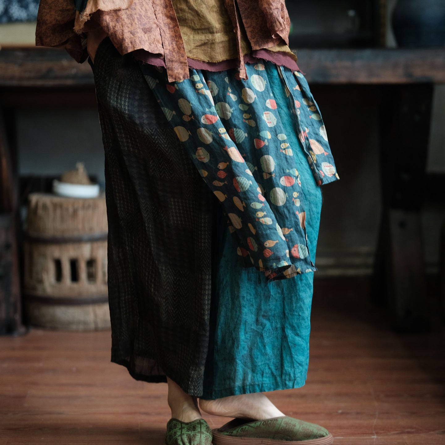 Vintage Fish Print Ramie Wide Leg Pants