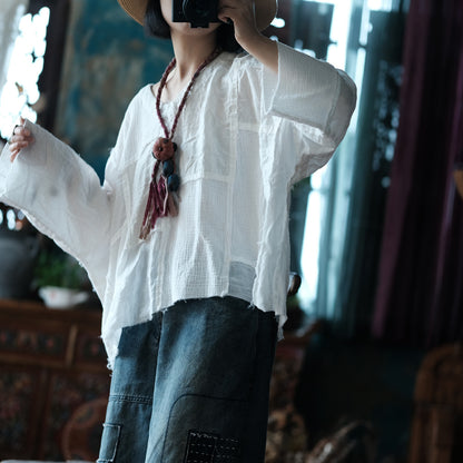 Vintage Patchwork V-Neck Blouse