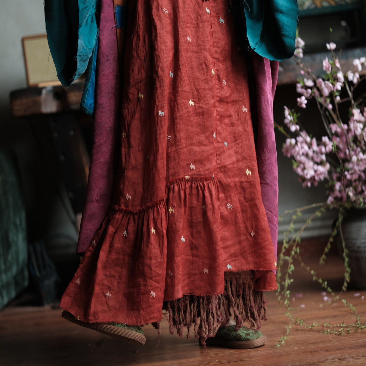 Crimson Garden Embroidered Linen Dress