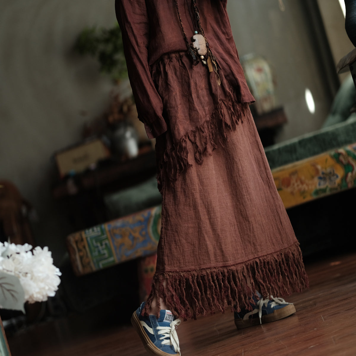 Terracotta Nomad Fringe Cotton-Linen Midi Skirt