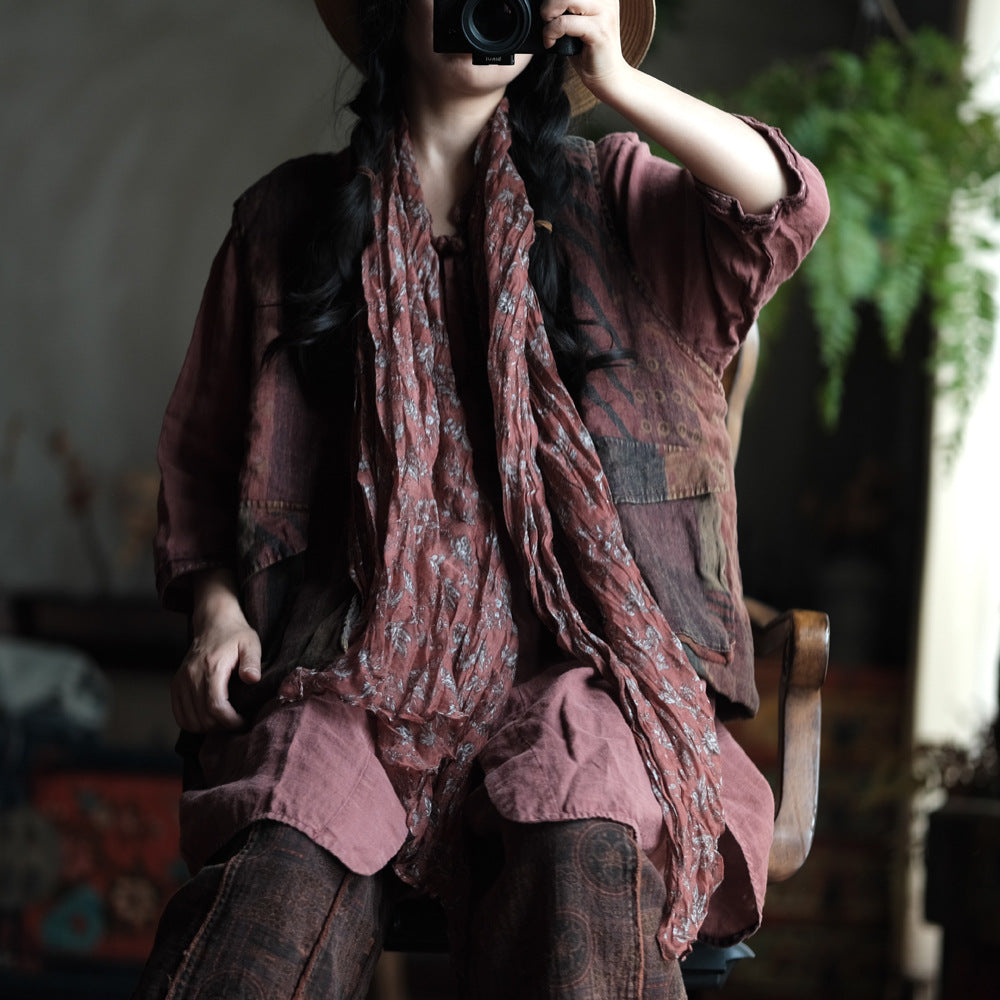 Gilet bohème en lin à poches