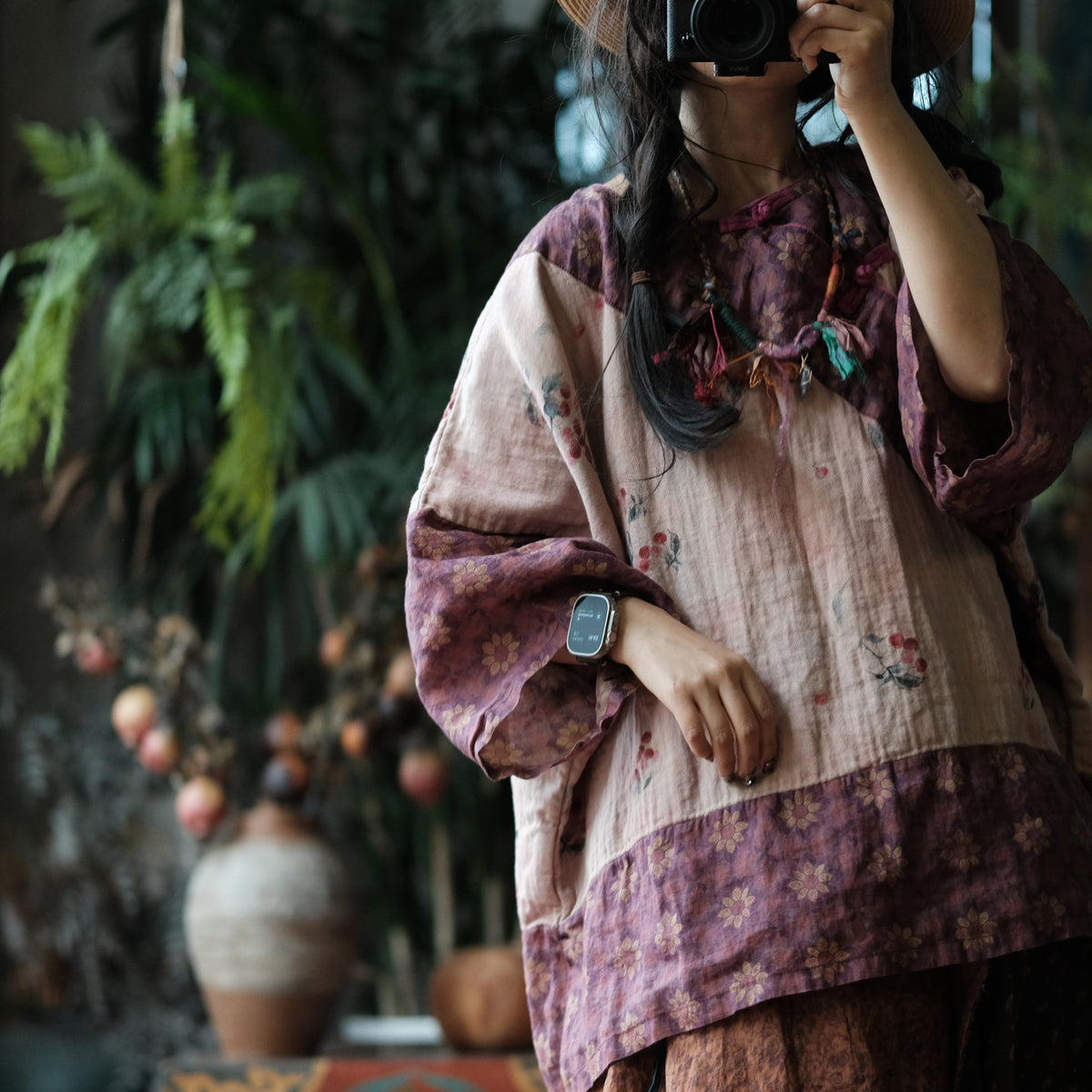 Wild Peony Cotton Batwing Blouse