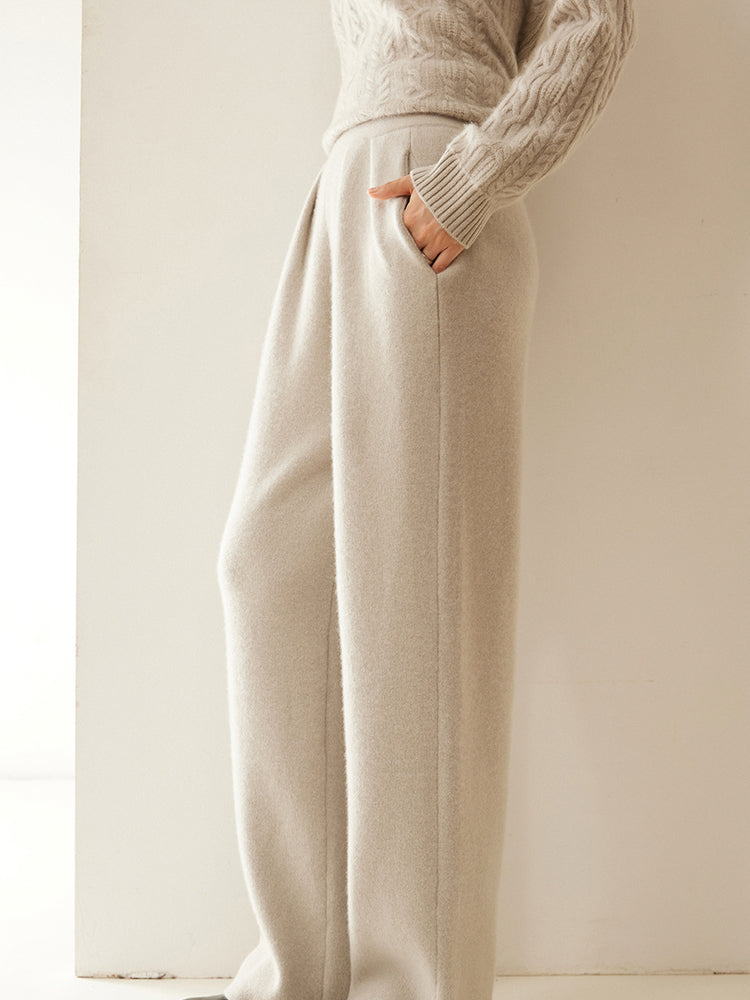 Cashmere Wool Wide-Leg Pile Detail Trousers