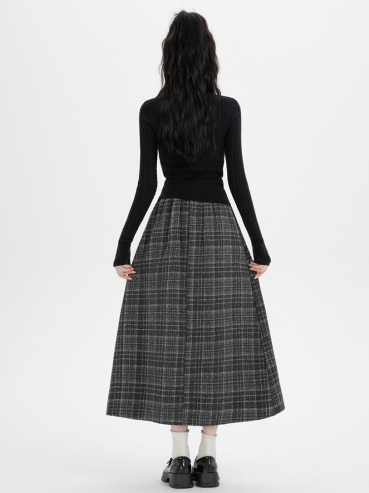 Retro Check Midi Skirt – Plaid, Pleated, Elastic Waist